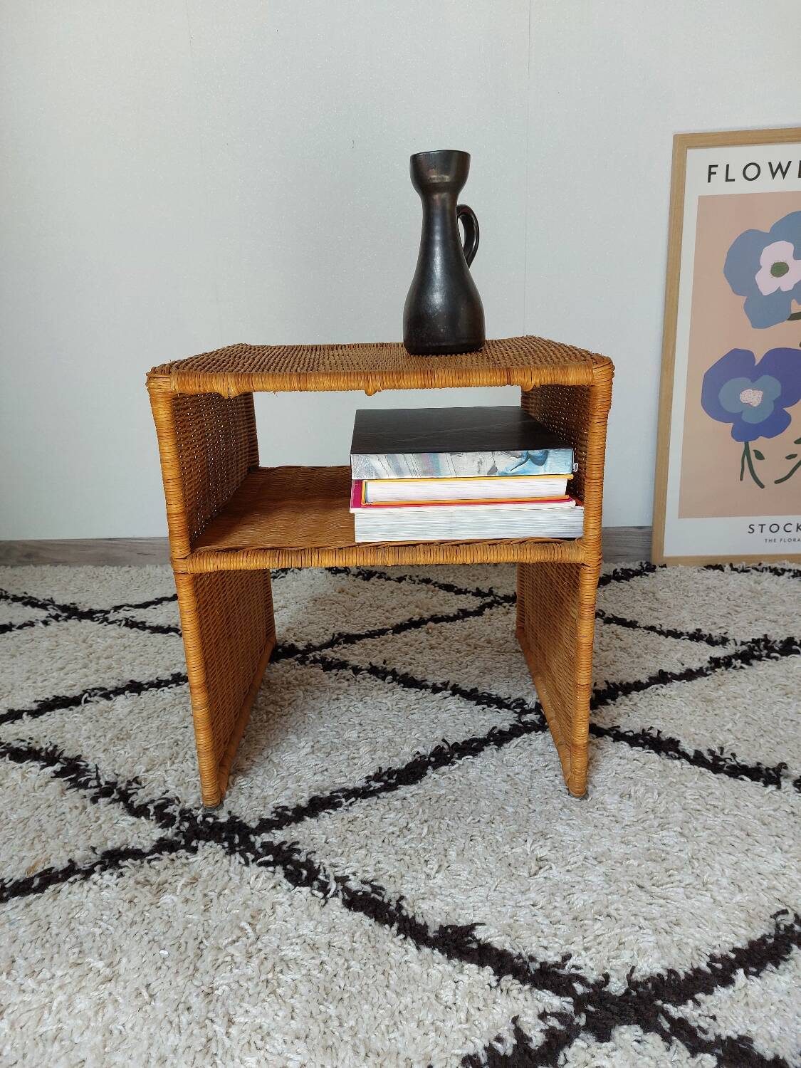 60s woven metal wicker bedside table
