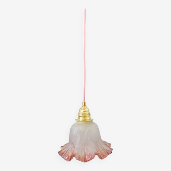 Lampe à suspension vintage artdeco rose mat volant verre