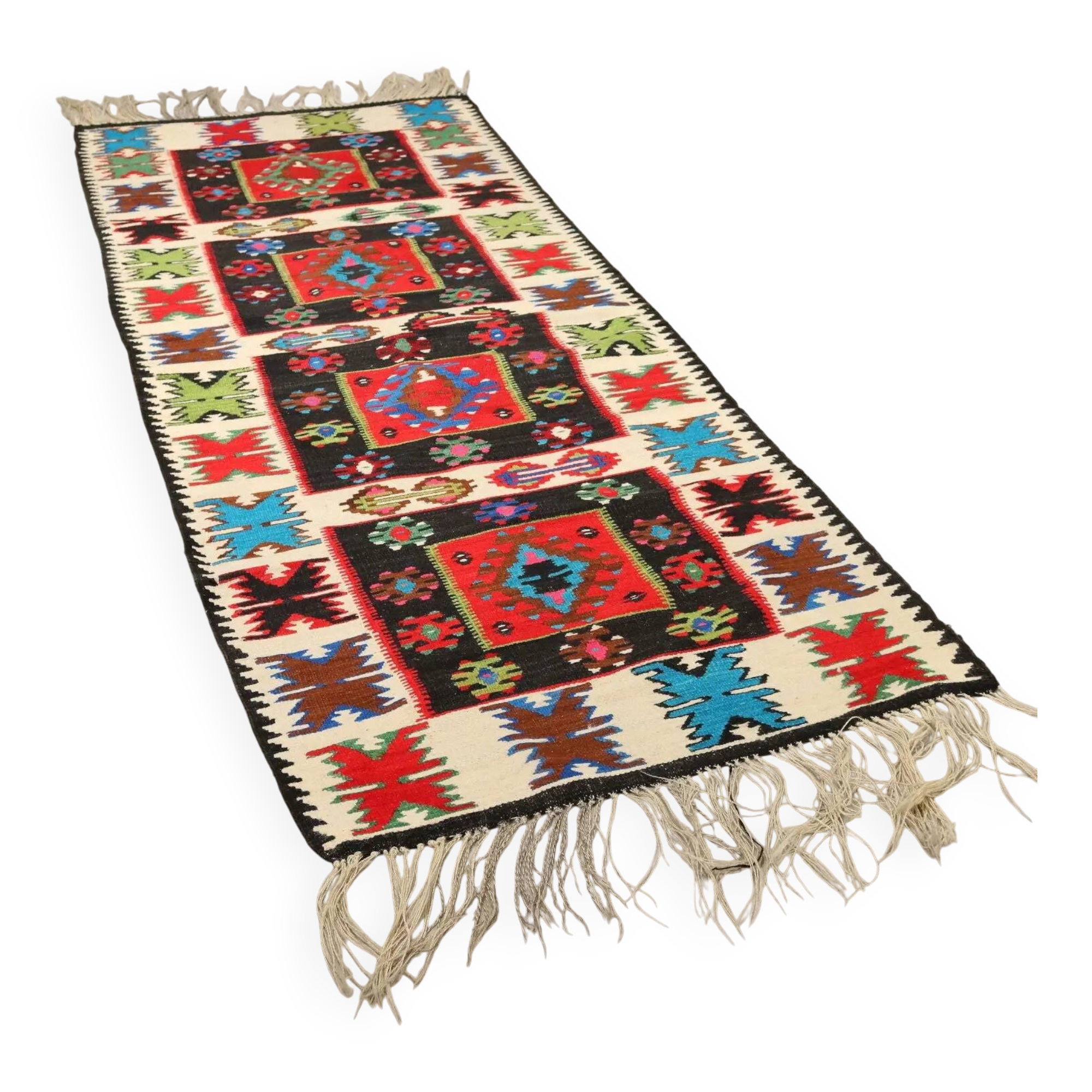 Antique kilim rug in wool, finely knotted, handmade 90 x 35 in.