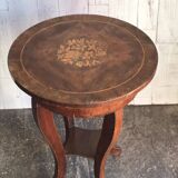 Baroque side table in brown walnut, round inlaid top, circa 1890.