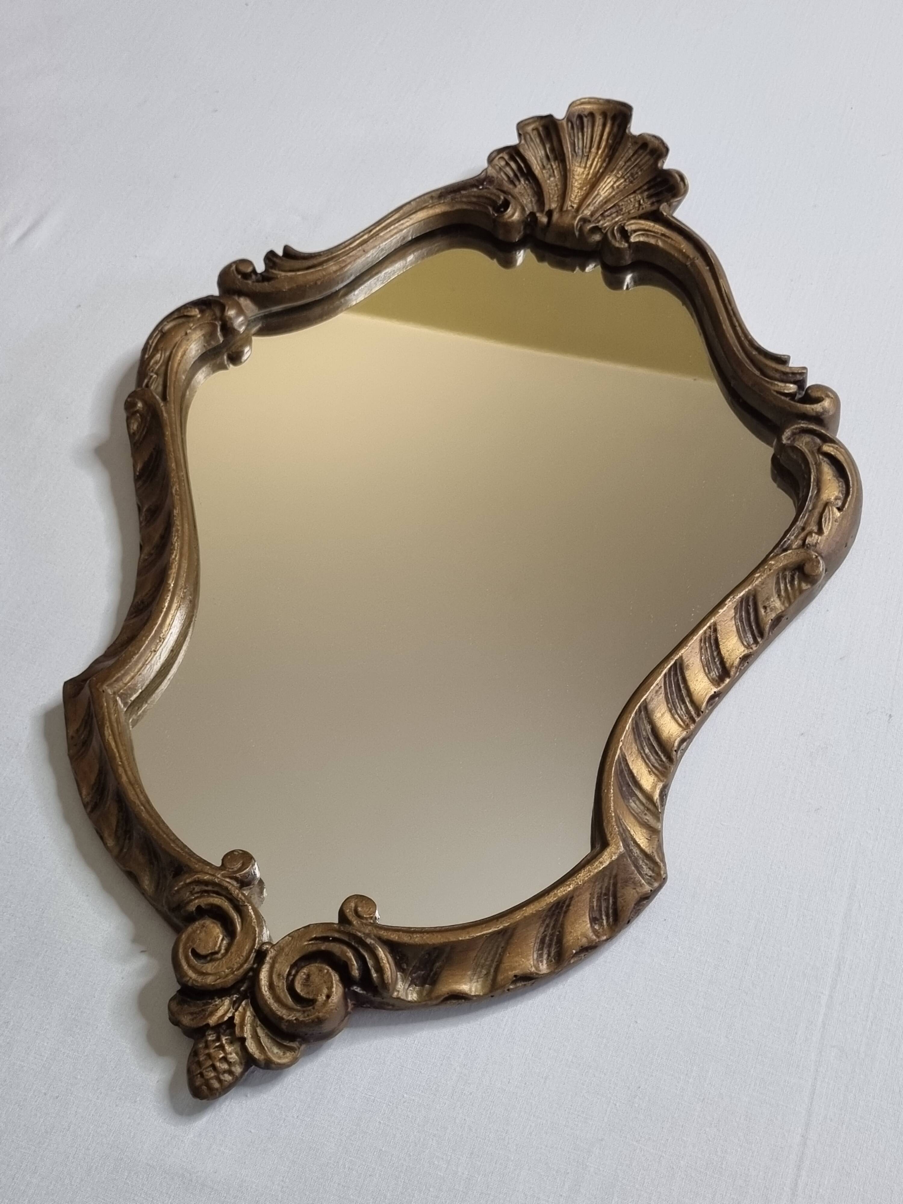 Antique rococo mirror in patinated gilded wood with shell decoration 49 x 31 cm