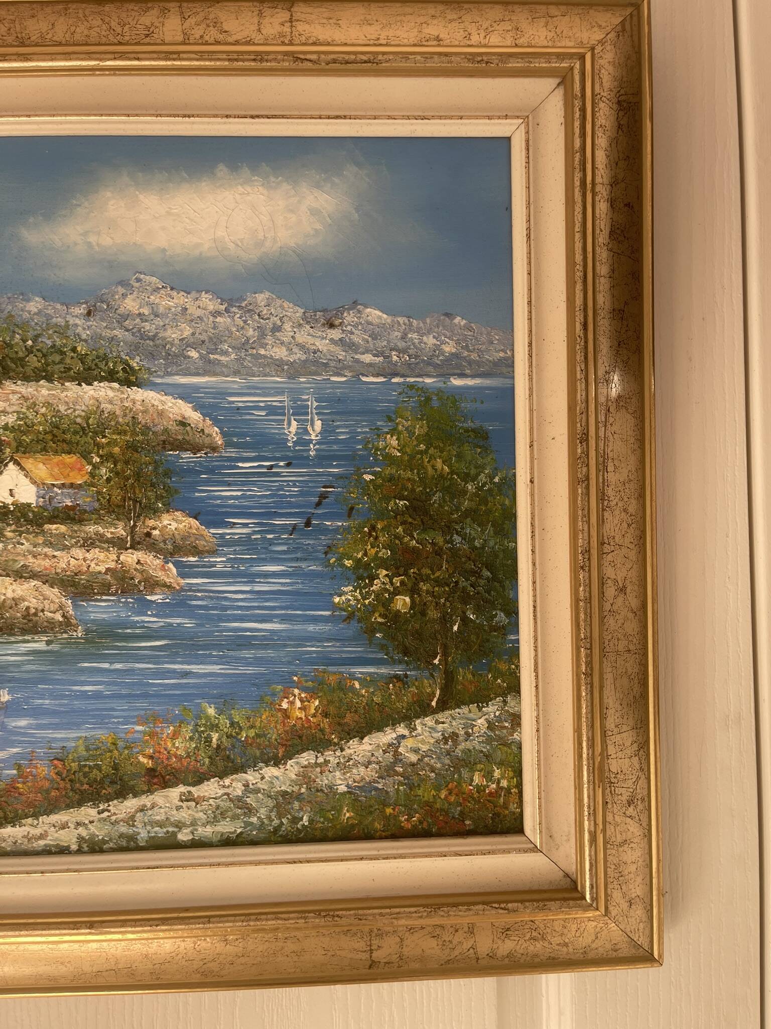 Old Oil Painting Canvas Sun Boat Sea Provence Sailor 50x40