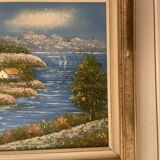 Old Oil Painting Canvas Sun Boat Sea Provence Sailor 50x40