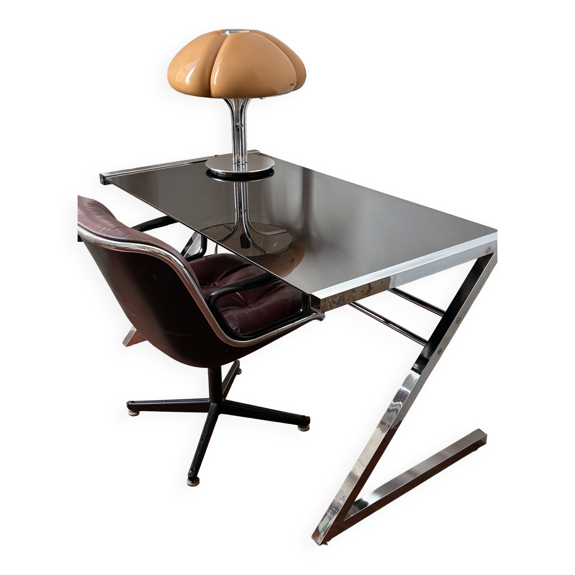 Space age desk in chrome and smoked glass, 1970s.