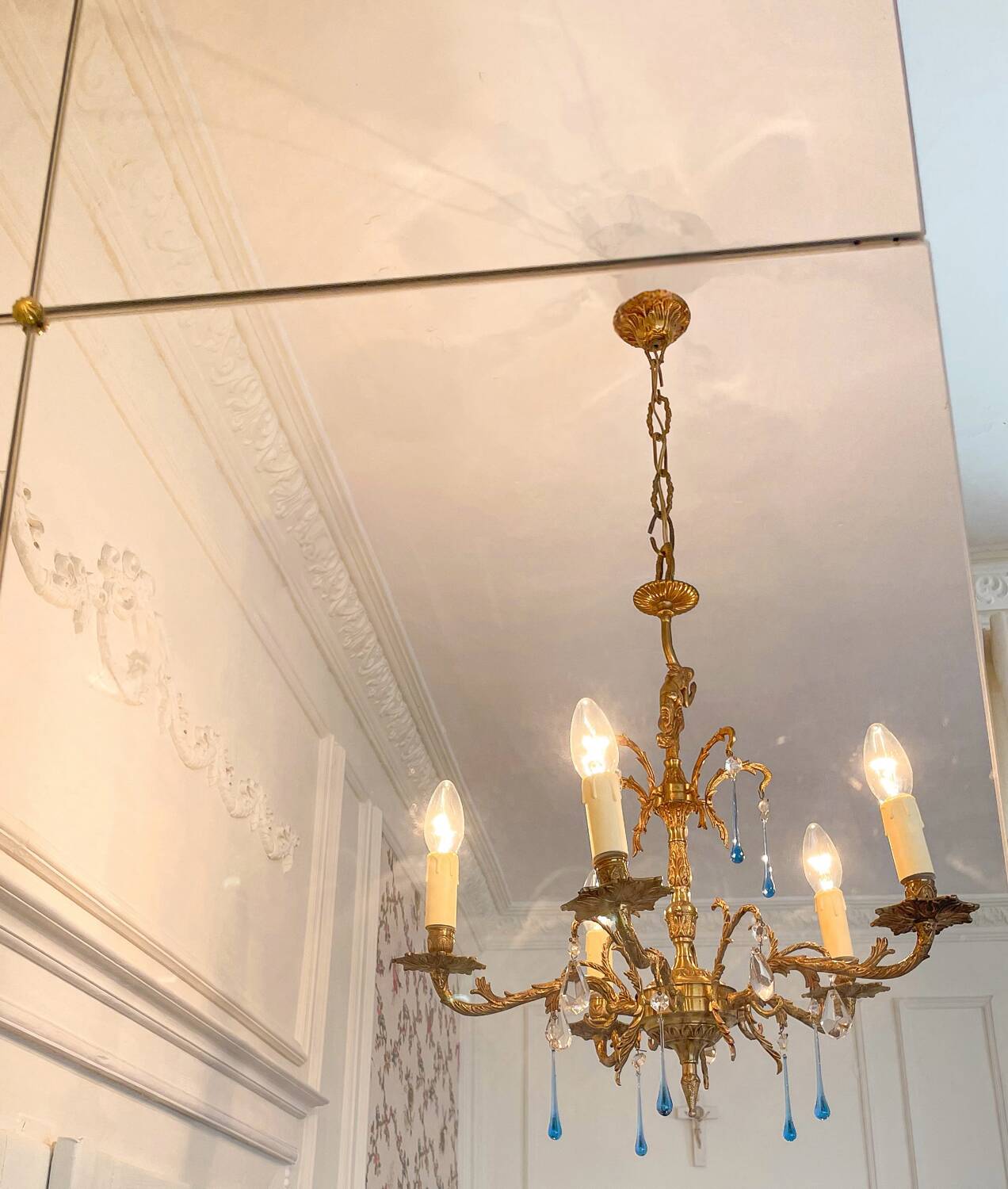 Élégant lustre vintage en bronze avec pampilles Murano bleu saphir – 5