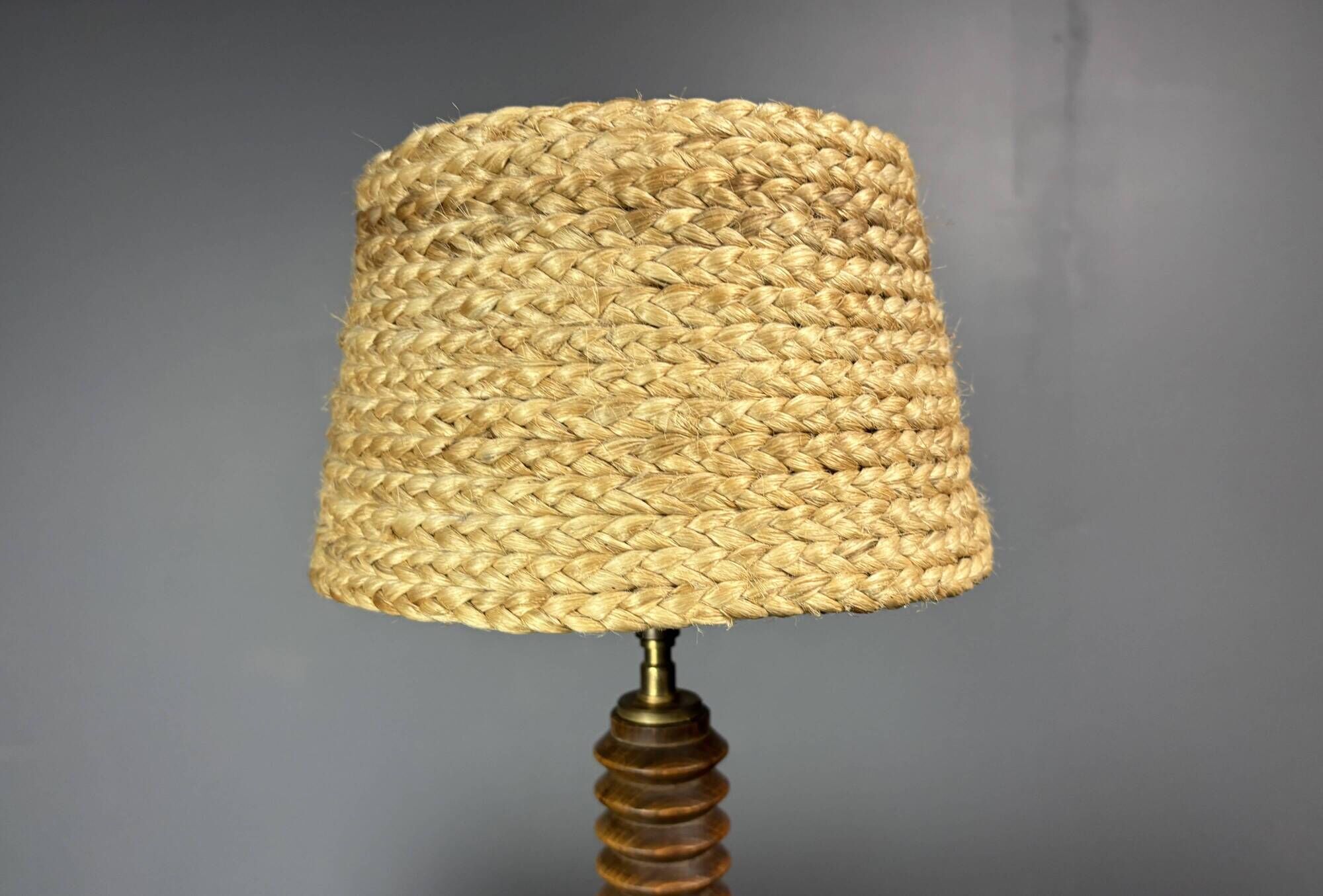 Midcentury French brutalist wood turned table lamp, Charles Dudouyt style
