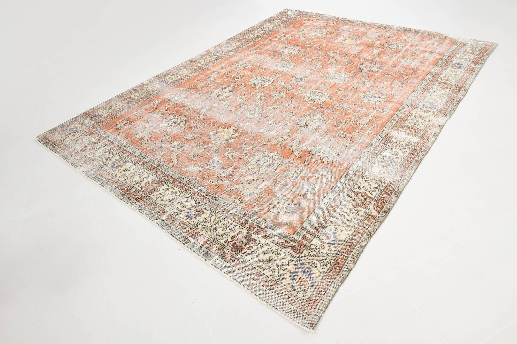 8x11 Orange & Blue Bordered Turkish Vintage Rug, Rugs For Bedroom, Antique