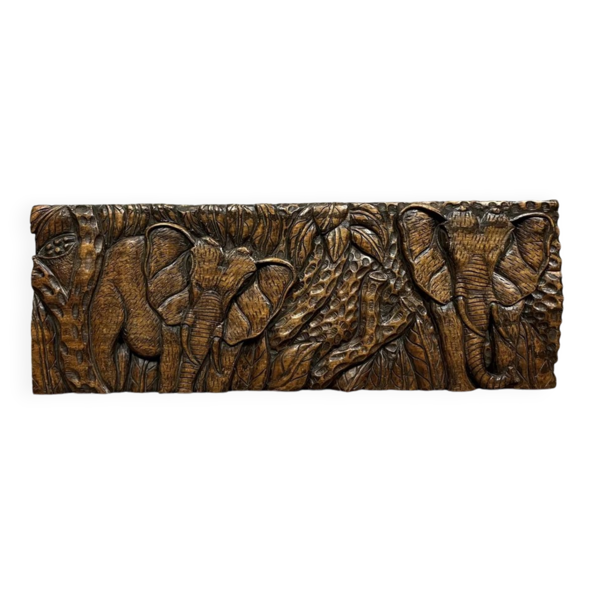 Central Africa 20th century: carved wooden panel in bas-relief of elephants