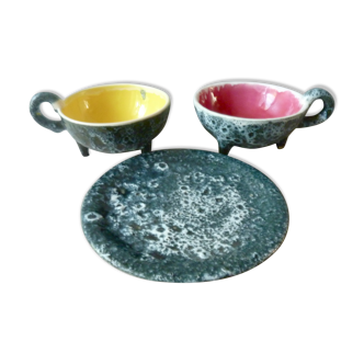 Set of 2 bowls and 1 Luc Vallauris ceramic plate from the 60s