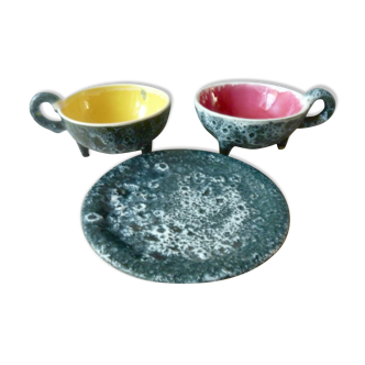 Set de 2 coupelles et 1 assiette Luc Vallauris céramique des années 60