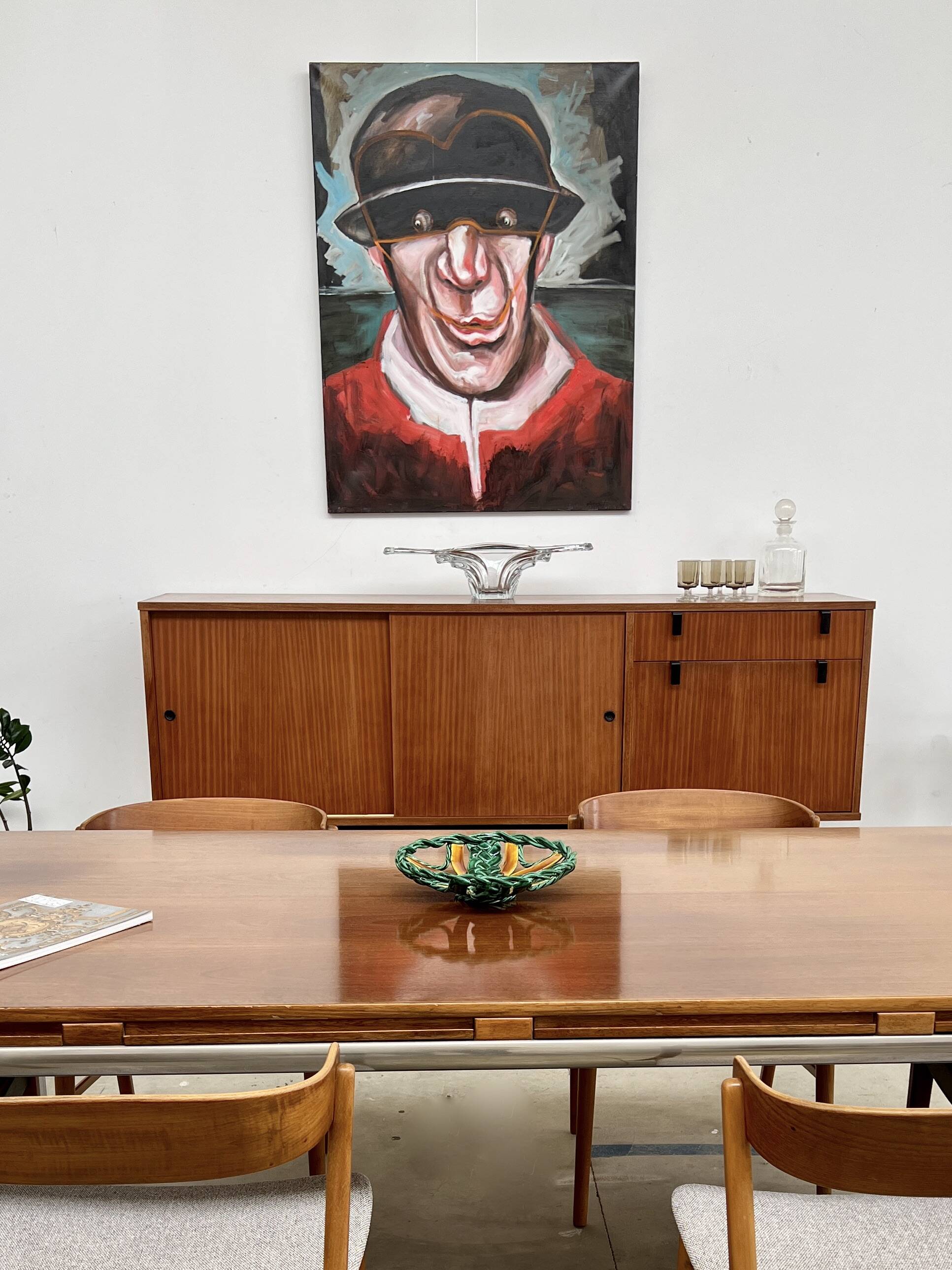 Italian walnut and chrome dining table with 4 drawers