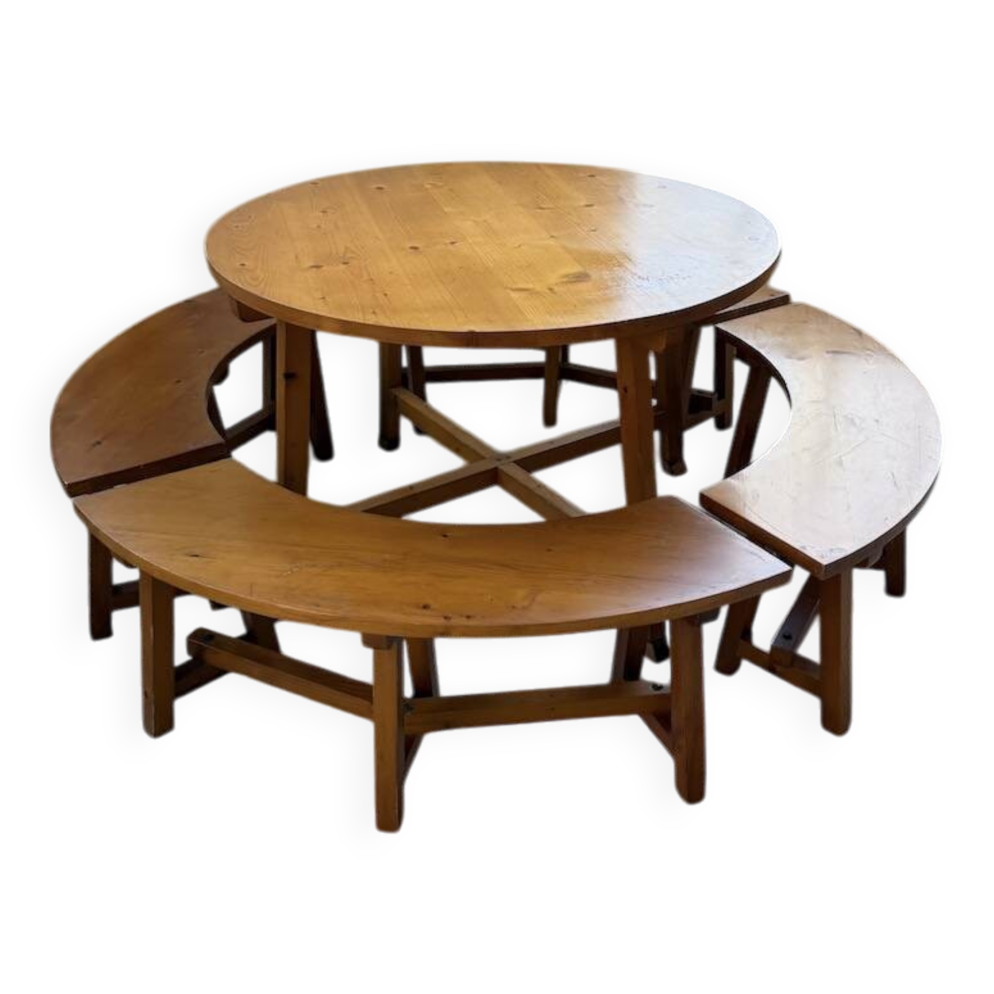 Set of round table and 4 rounded benches, 1950