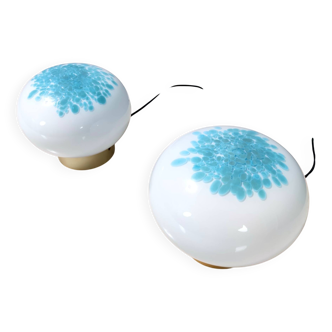 Pair of White and Light Blue Murano Glass Table Lamps, Italy