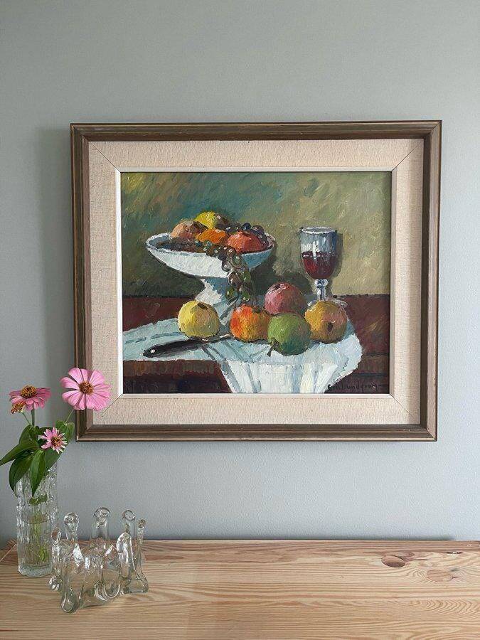 Original Swedish oil painting on canvas from the mid-century "Still Life with Bowl of Fruit" by Eric Lundgren -