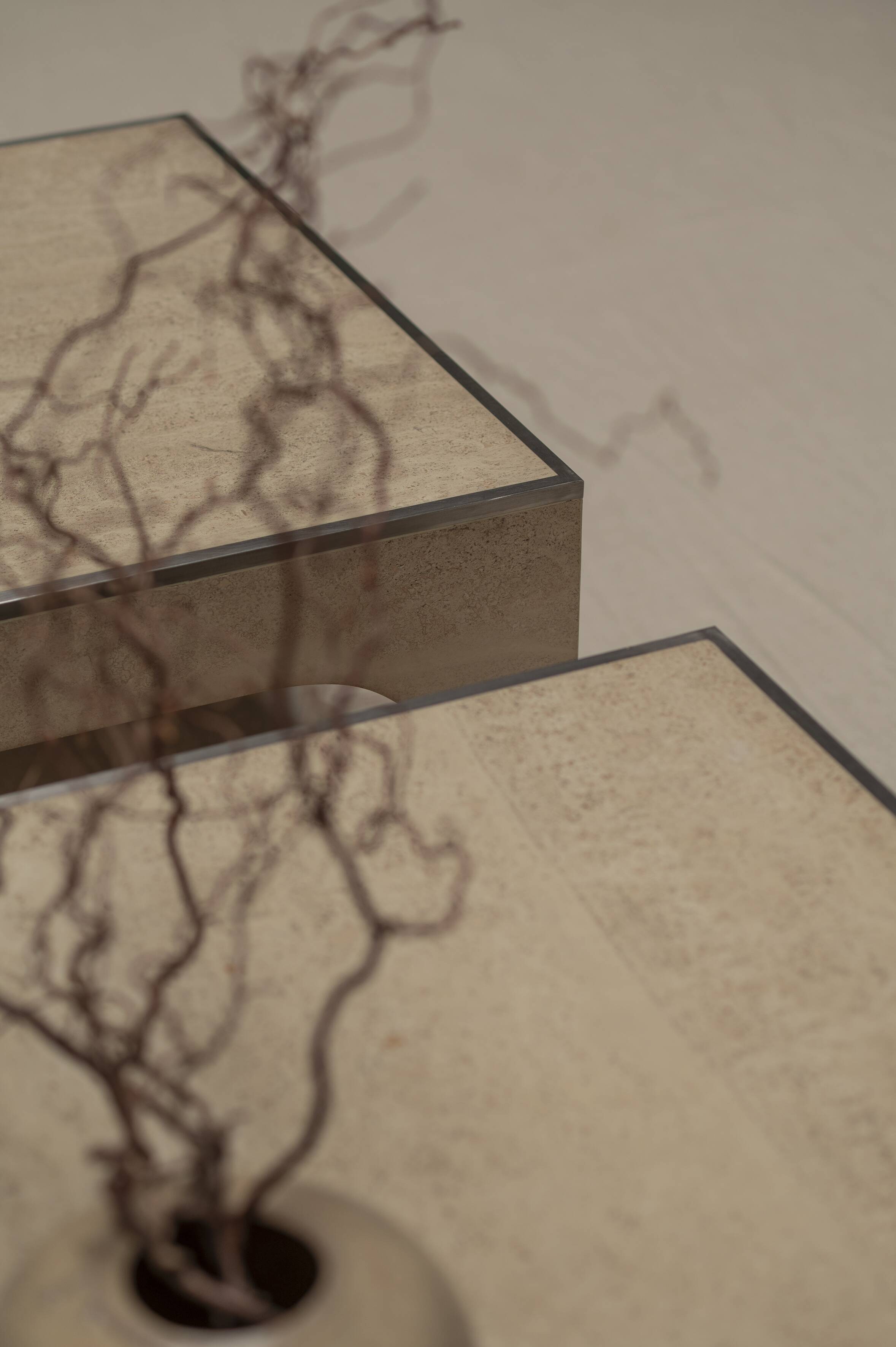 Architectural set of travertine coffee tables