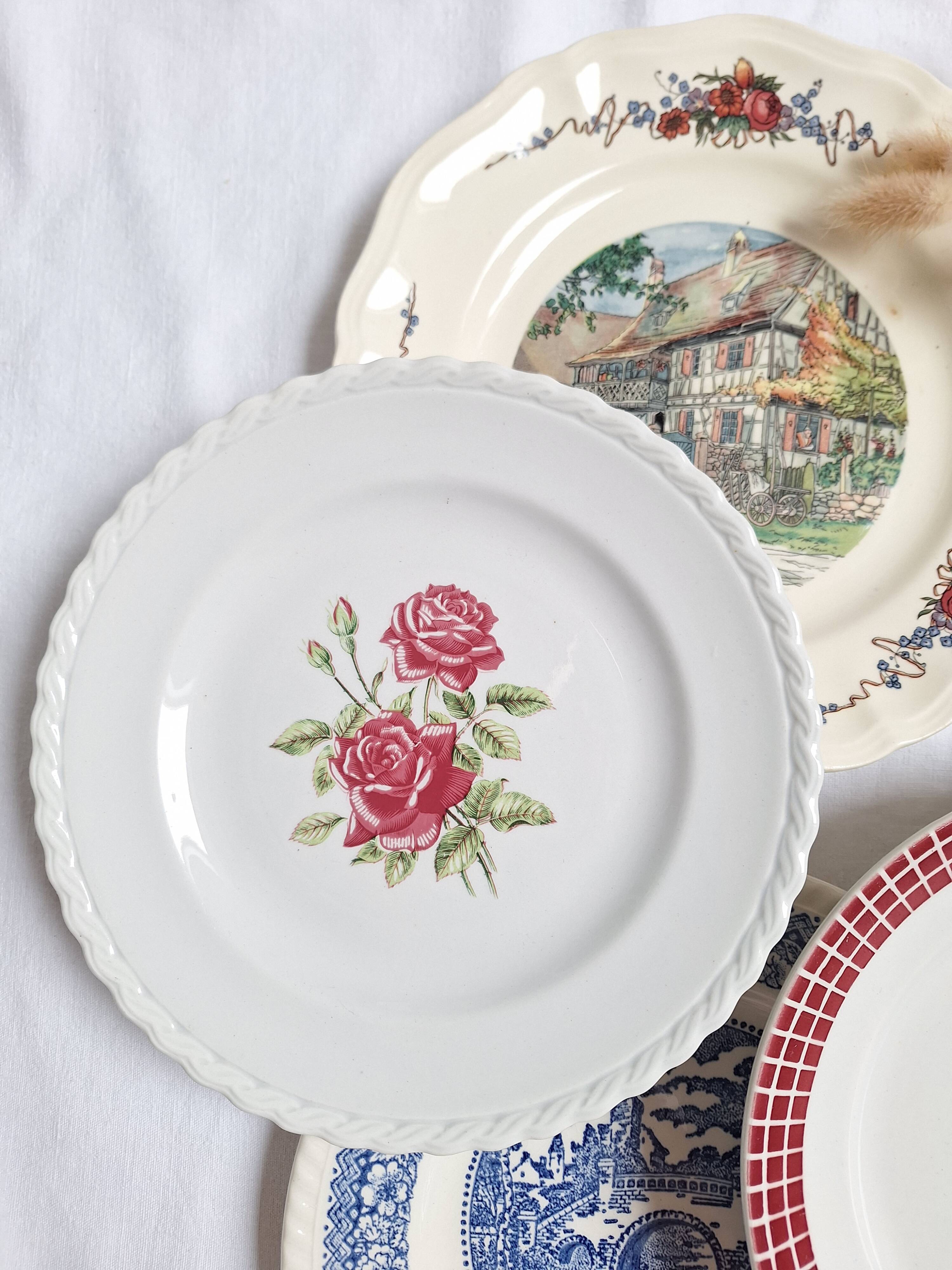 6 blue and pink dinner plates