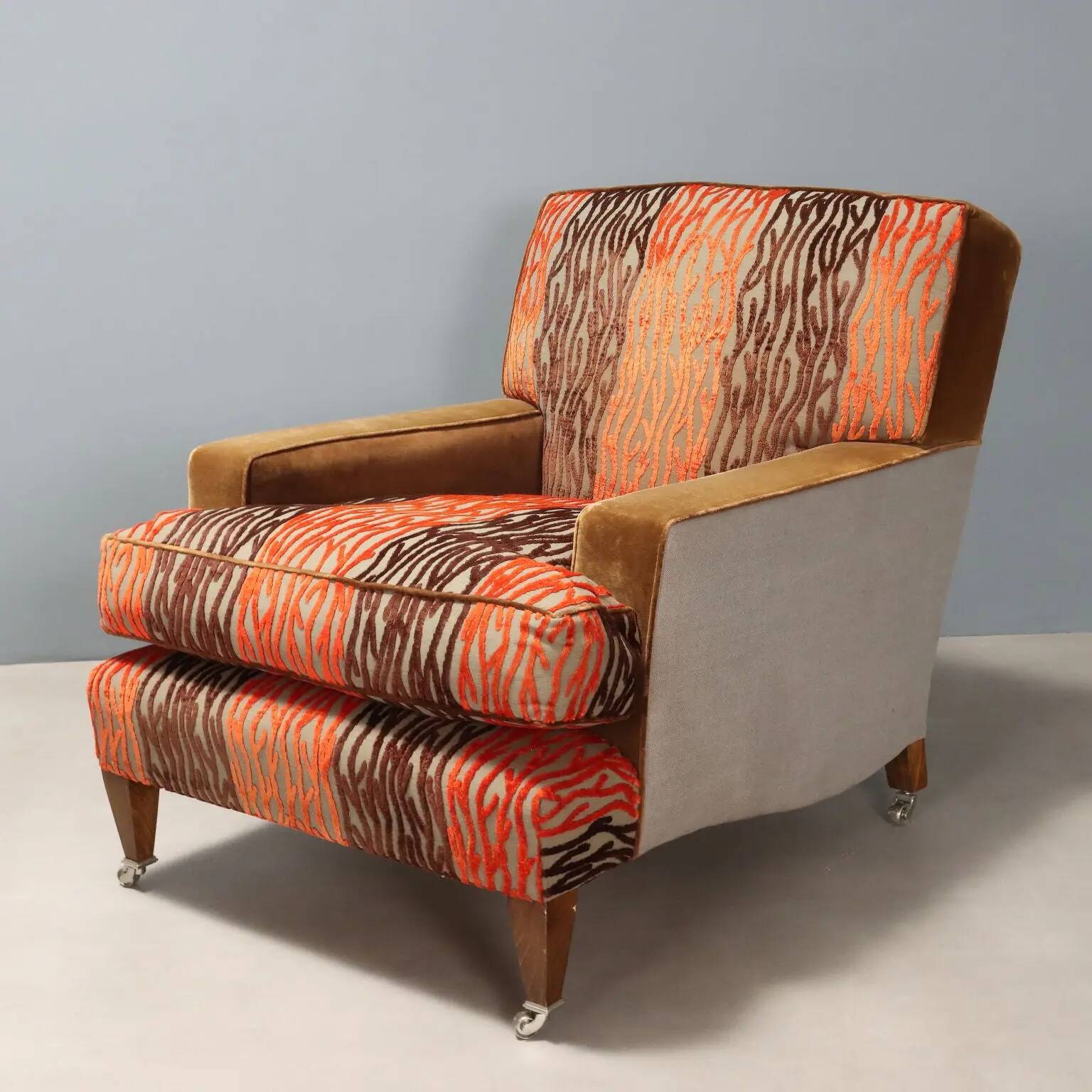 Pair of antique armchairs with velvet and fabric poufs, Italy, 20th century