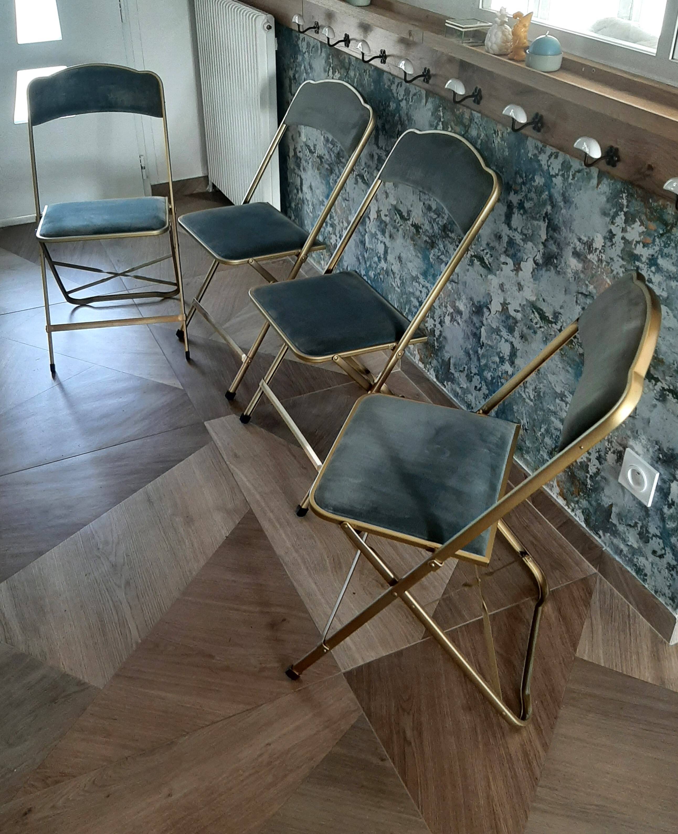 Lot de 4 chaises  pliantes - dossier et assise vert d'eau - structure métal doré -Chaisor