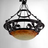 Wrought Iron and Glass Paste Pendant Light, Art Nouveau / Art Deco, Early 20th Century
