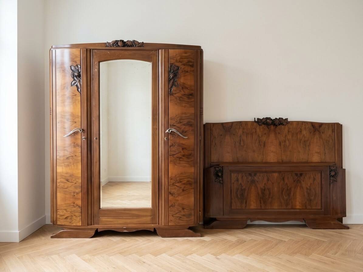 Walnut bedroom set: wardrobe and bed in solid wood.