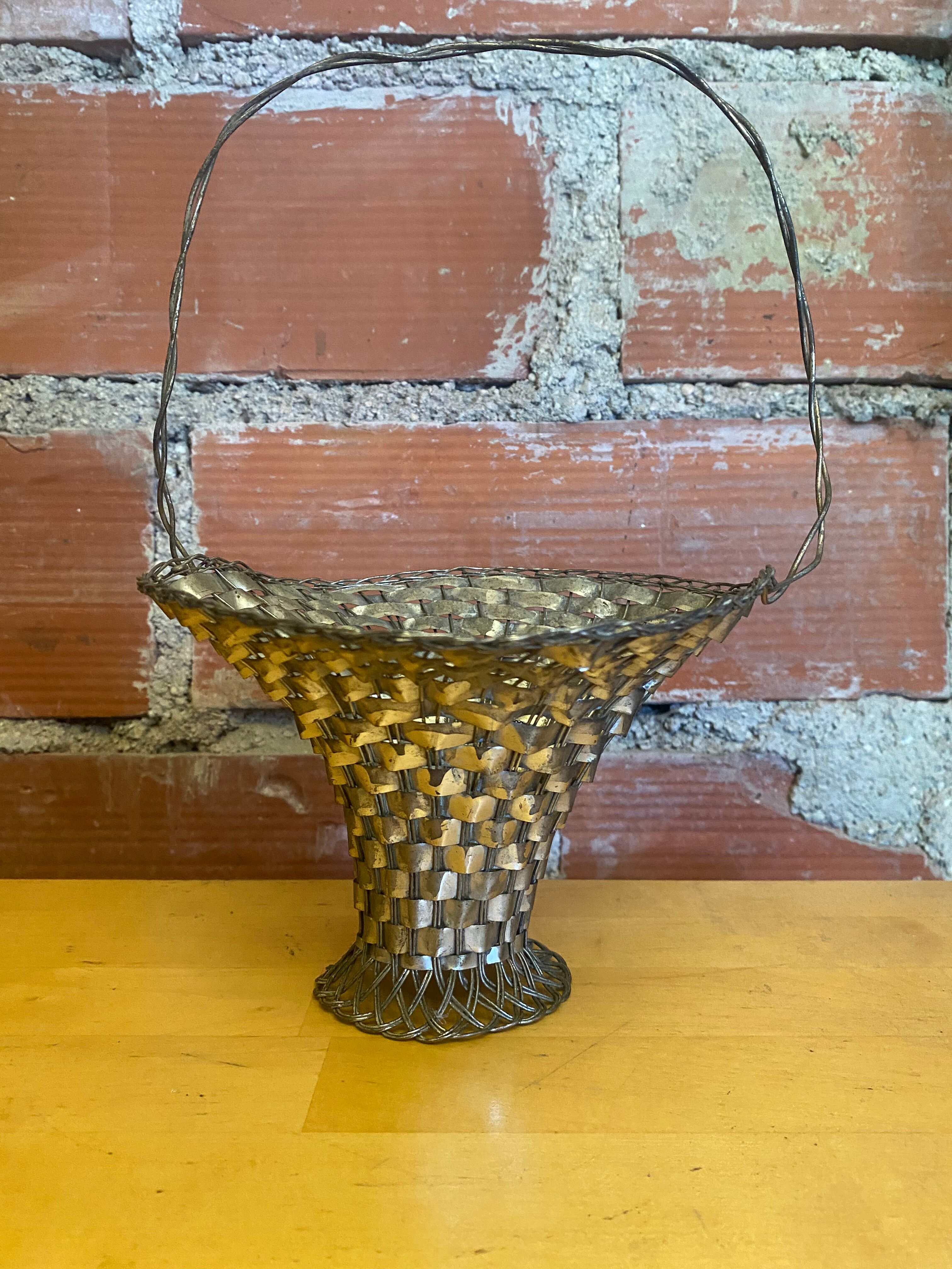 Panier Tressé Ancien Metal Argenté Vintage #E015