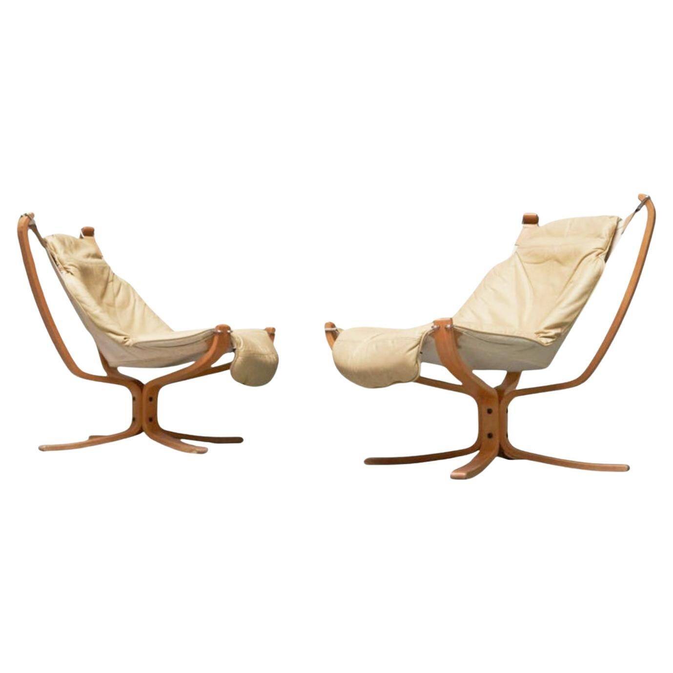 Pair of Sigurd Ressell Falcon Lounge Chairs leather, canvas, birch, 1970s