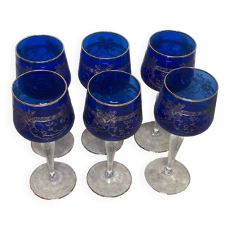 6 verres à vin bleu cobalt en cristal