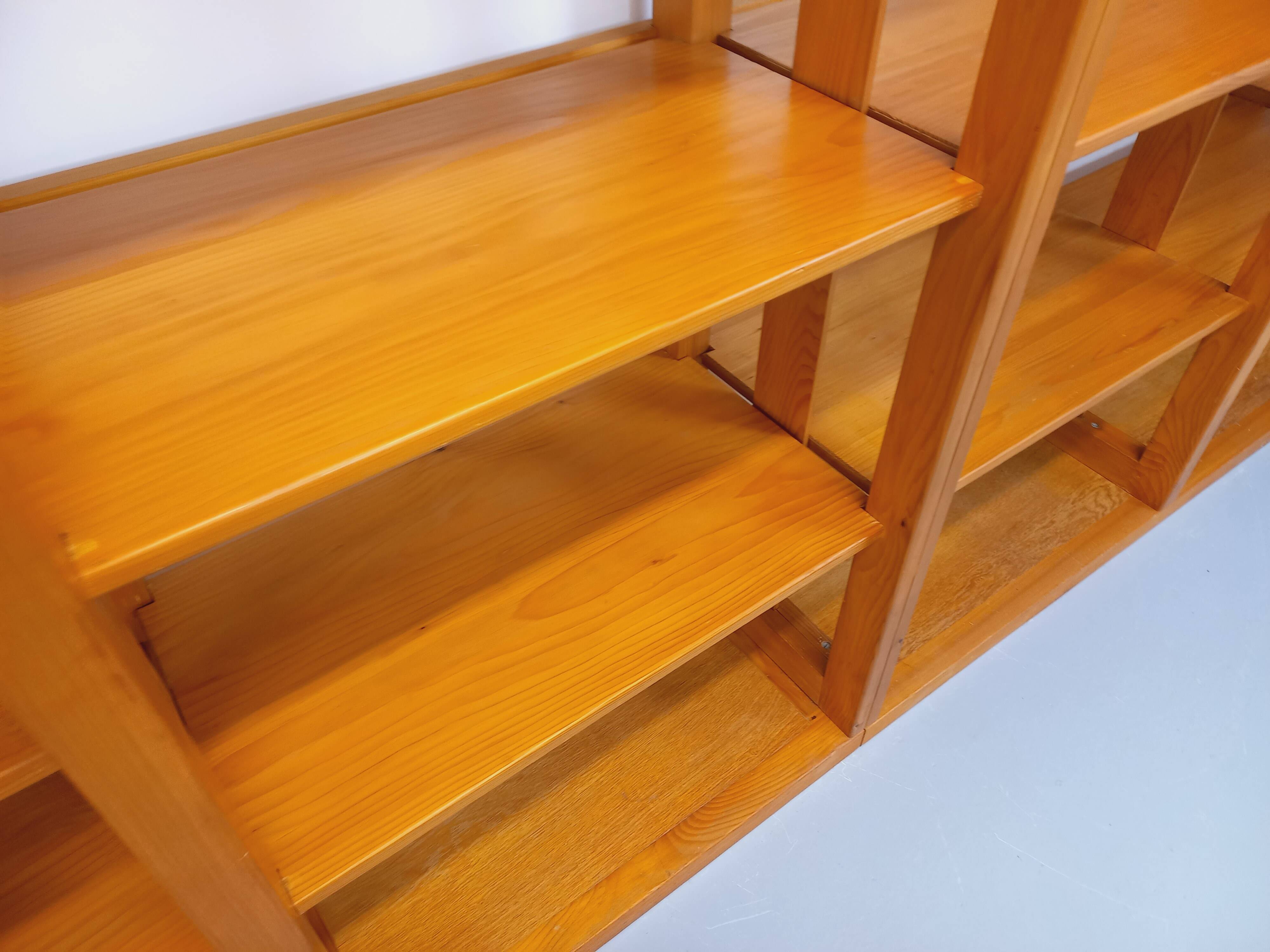 Large modular library of 6 parts with 30 vintage wooden shelves.