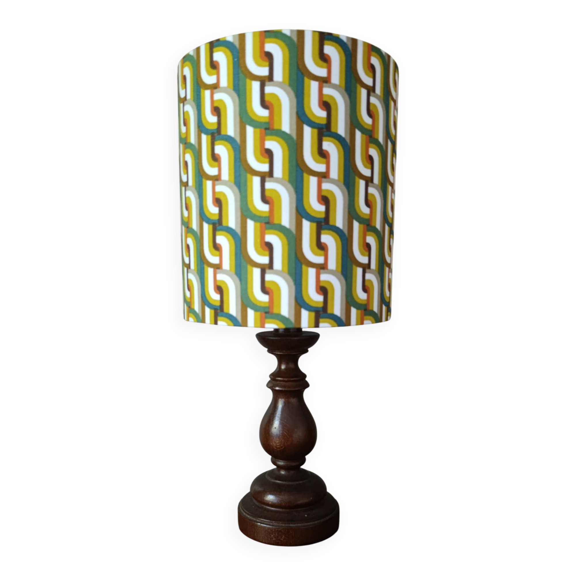 Vintage turned wood lamp, seventies graphic lampshade.