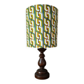 Vintage turned wood lamp, seventies graphic lampshade.