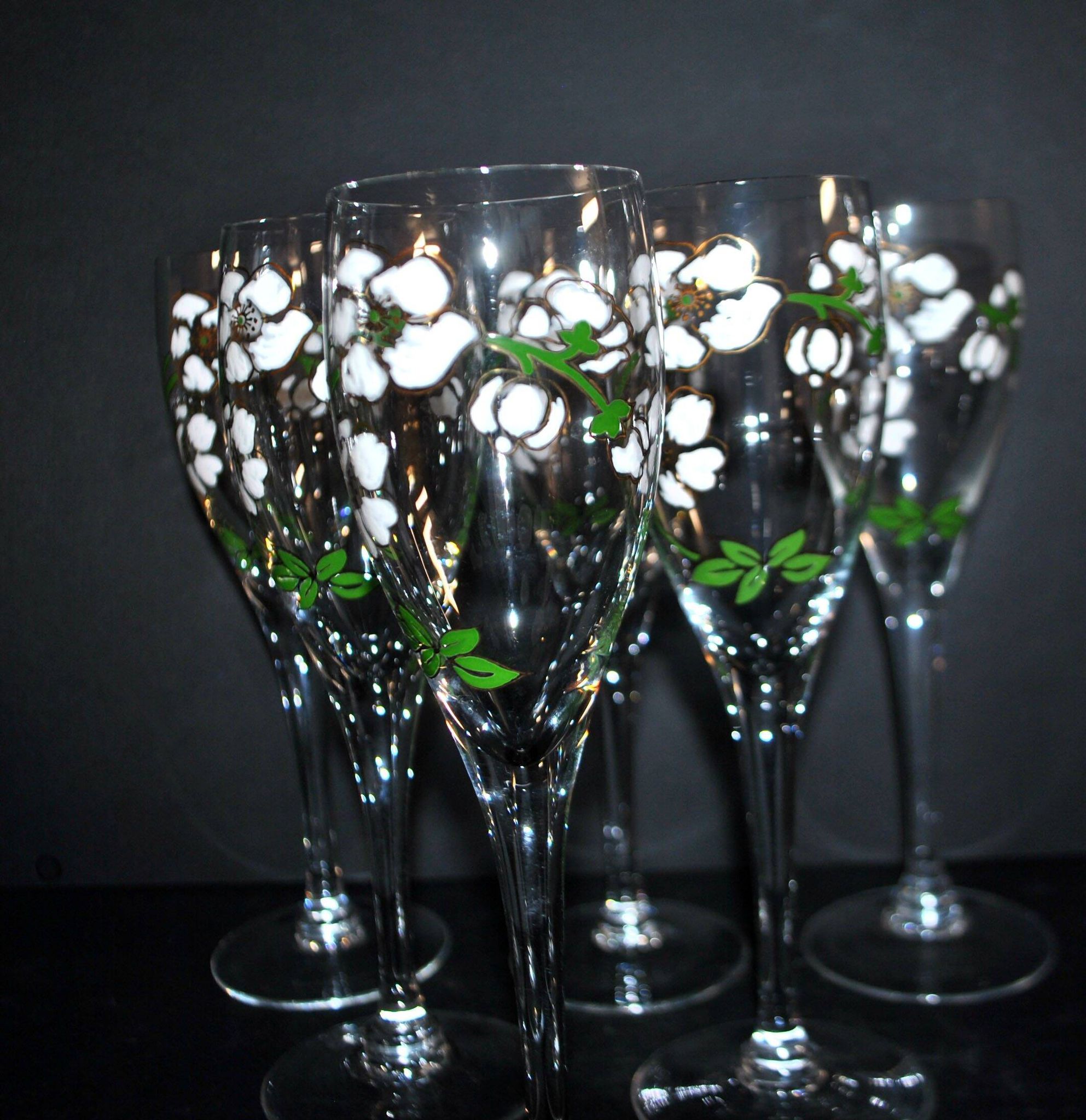 Perrier Jouet set of 6 Anemone Cuvée Belle Epoque champagne flutes in Gallé enamelled crystal