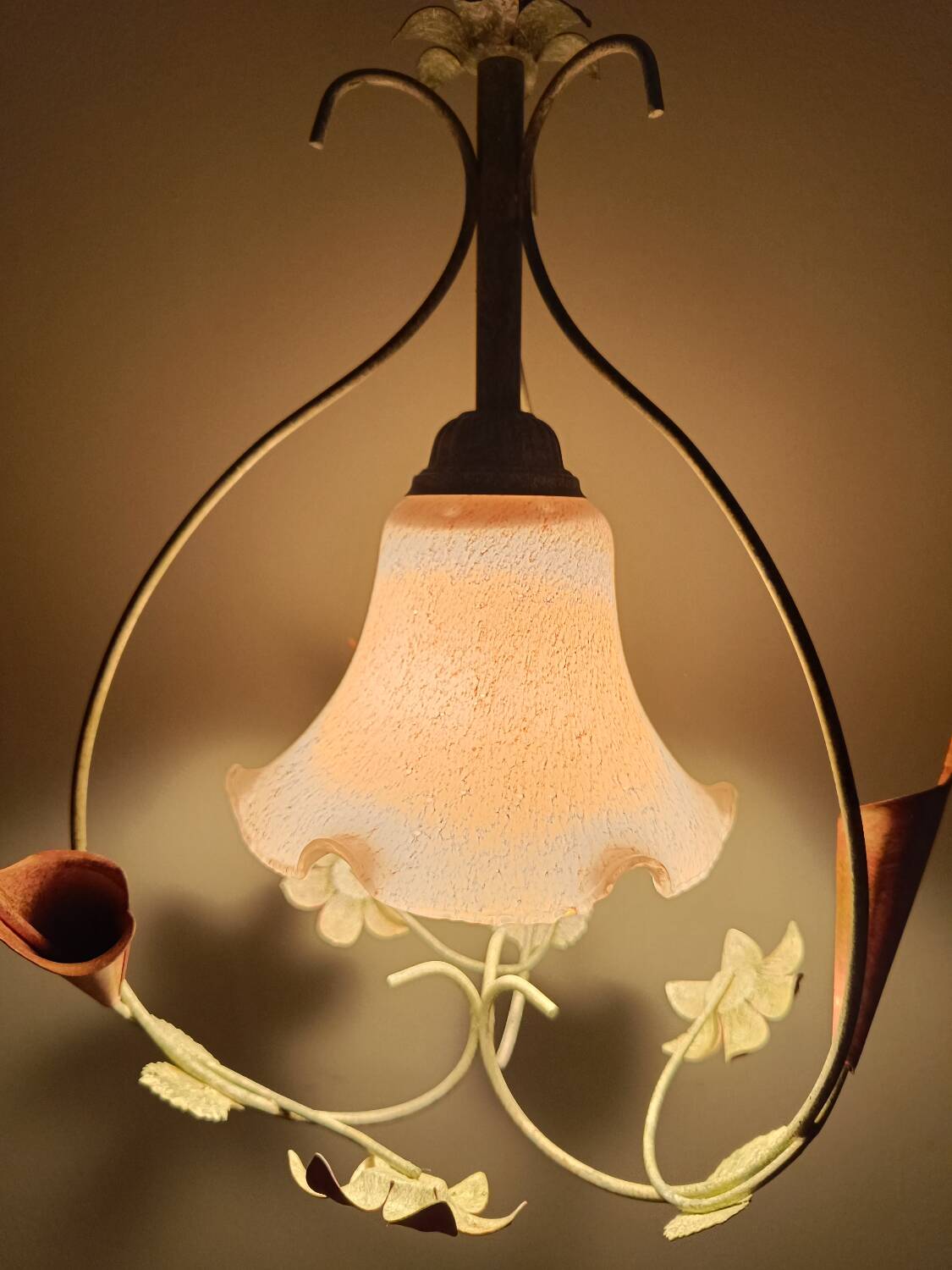 Lustre fer forgé et tulipe verre rose dépoli
