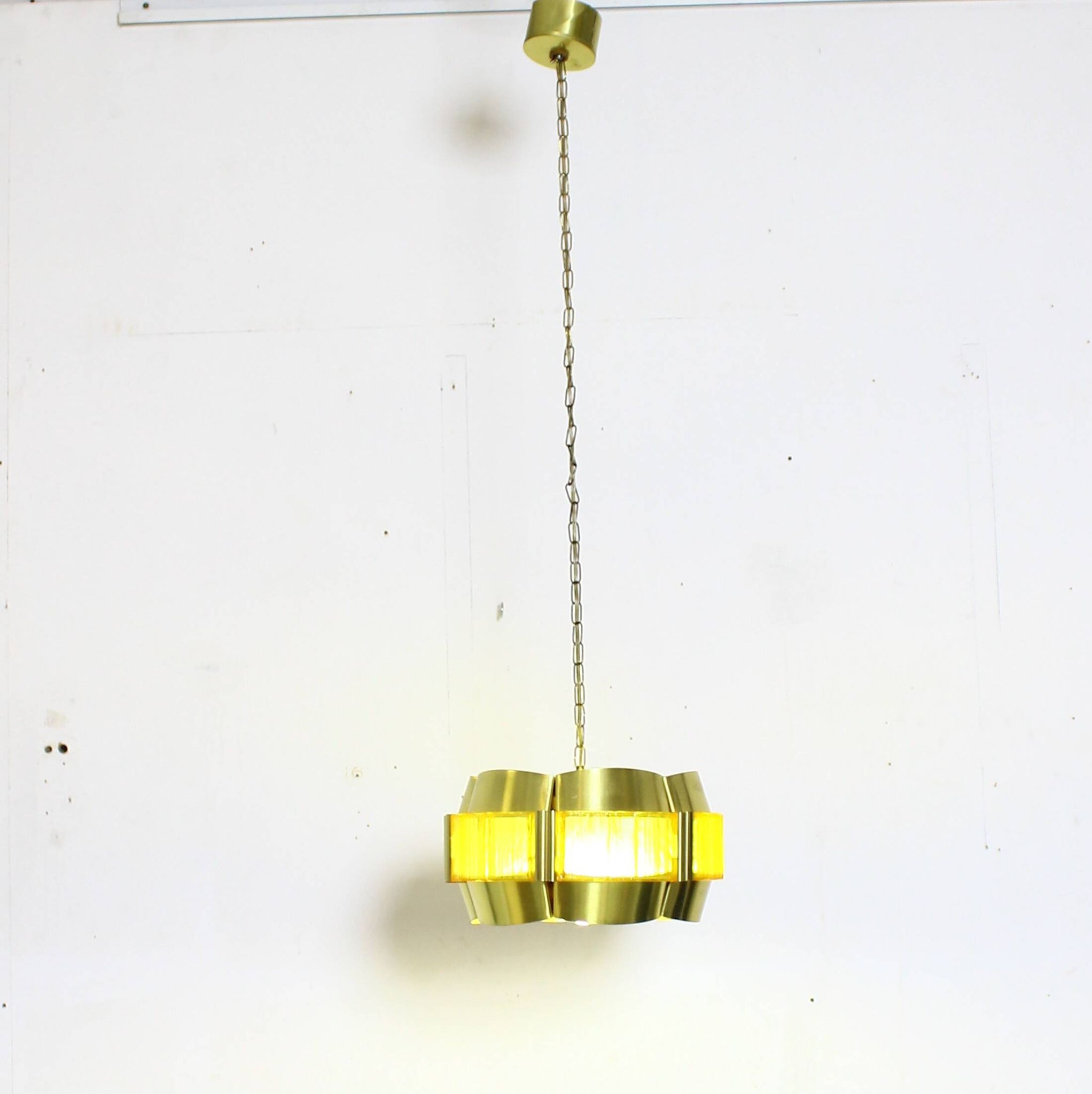 Brass and plastic pendant lamp by Werner Schou, Denmark, 1960