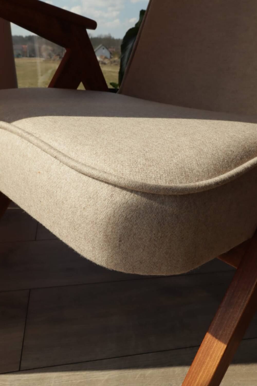 Vintage Lounge Chair Beige Wool Upholstery