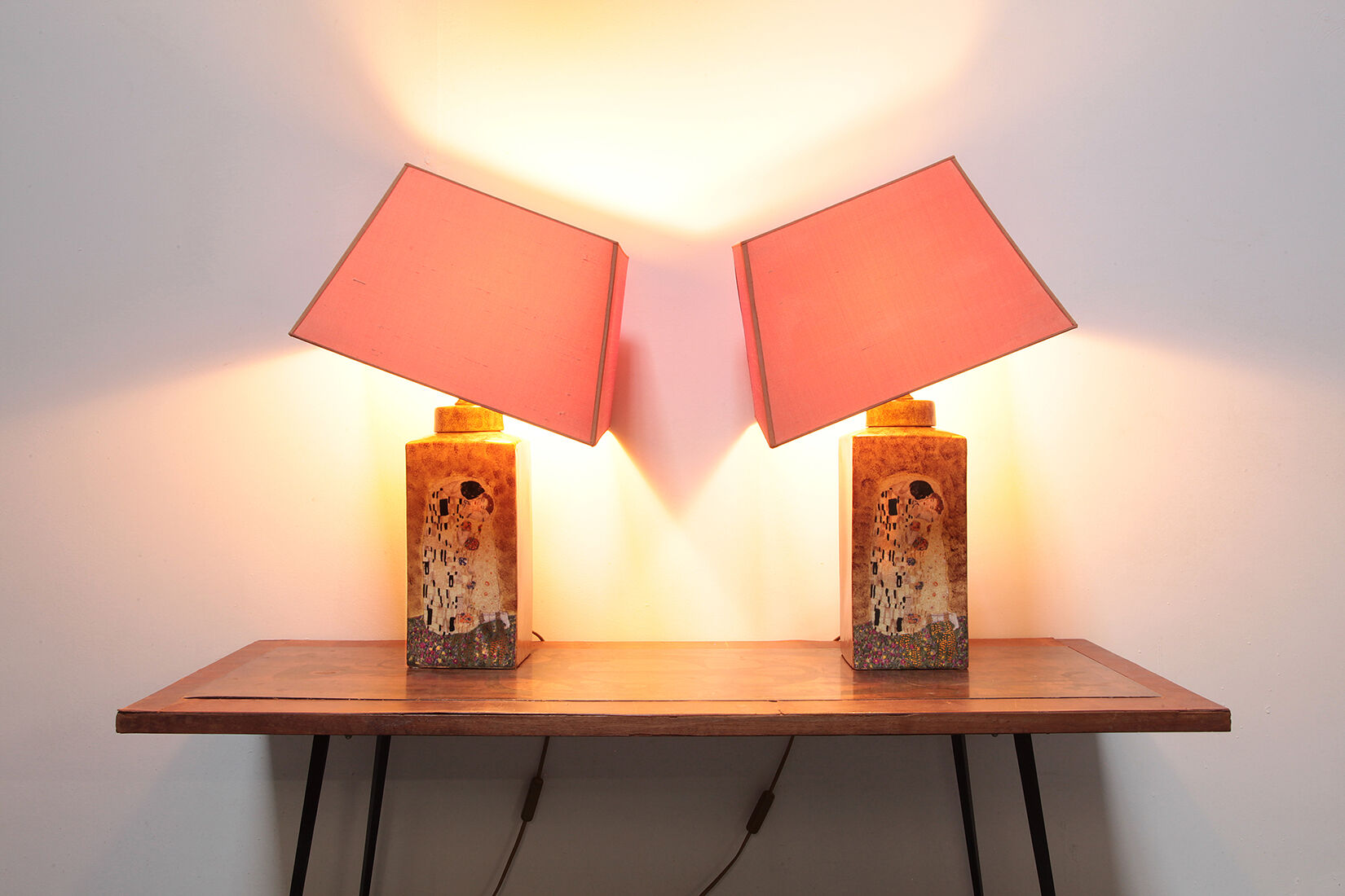 Set of two handmade ceramic gustav klimt table lamps, 80s