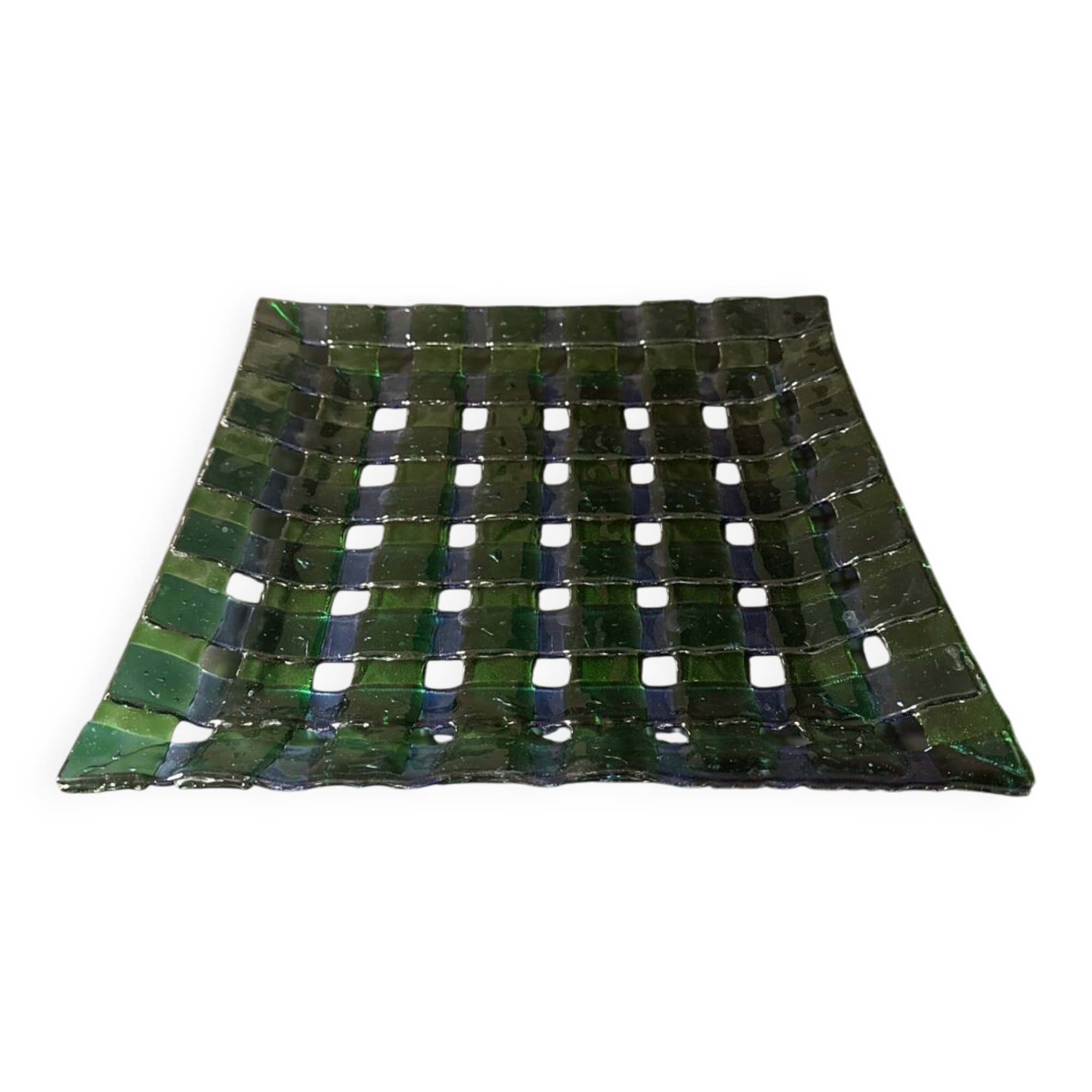 Decorative fused glass plate in green and blue – woven design – piece