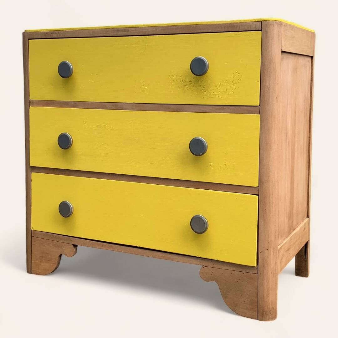 Commode art déco jaune poudré et bois brut