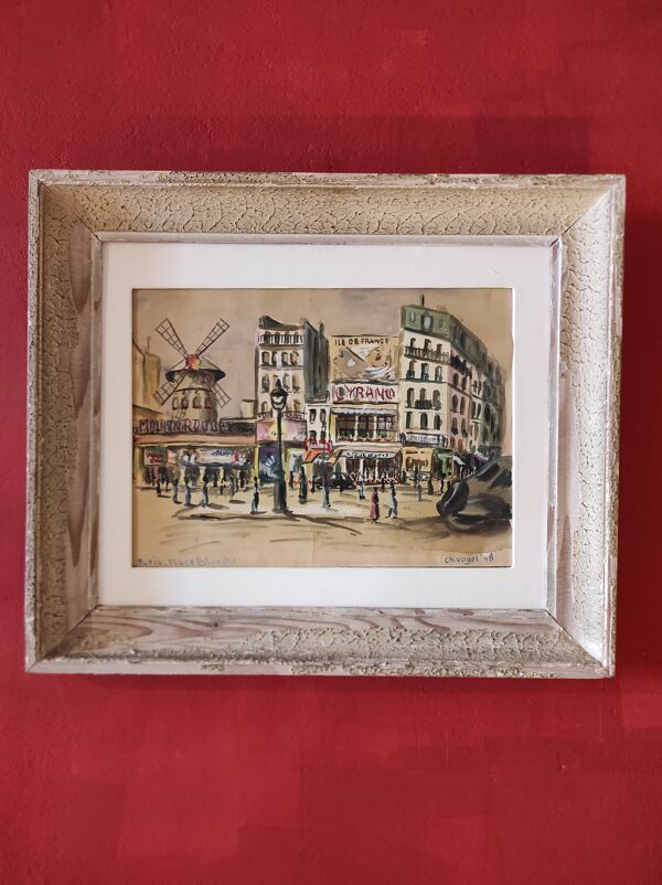 Aquarelle française vintage du Moulin Rouge, à Paris, signée Ch. Vogel, de 1948