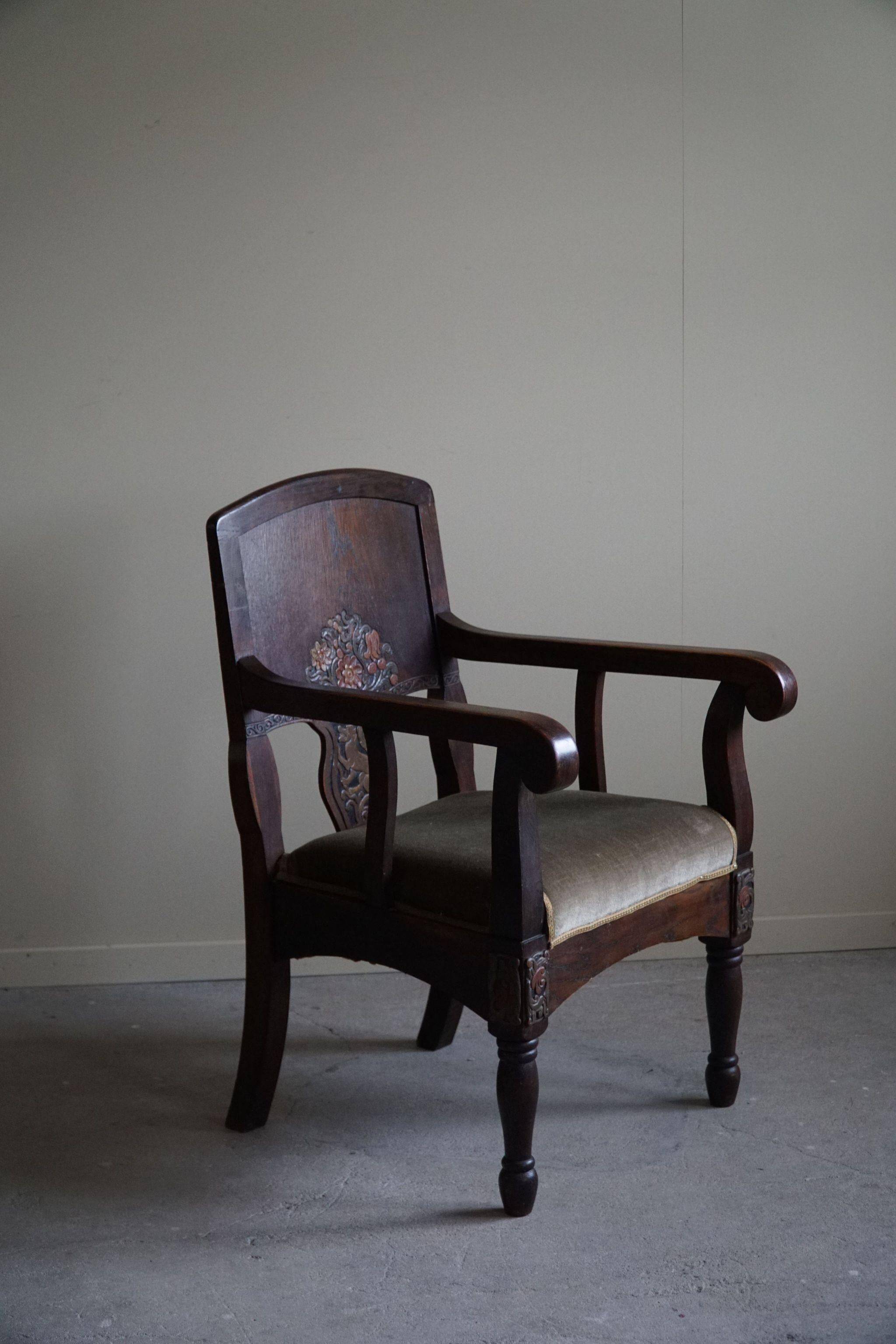 Hand-carved oak and velvet armchair, Danish furniture maker, Art Nouveau, 1939