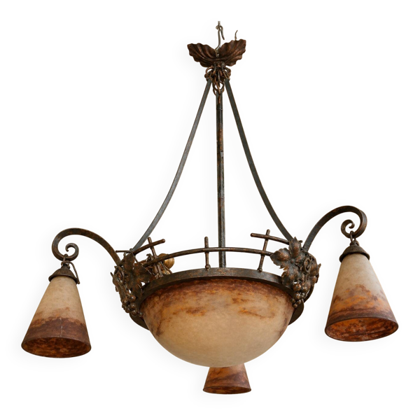 Degué : important lustre époque Art Nouveau en fer forgé