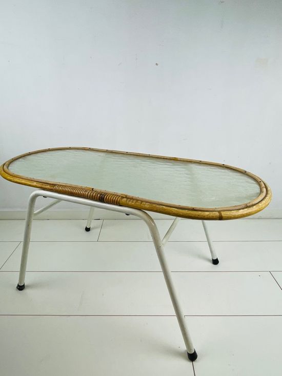 Vintage rattan and glass table with 70s steel frame