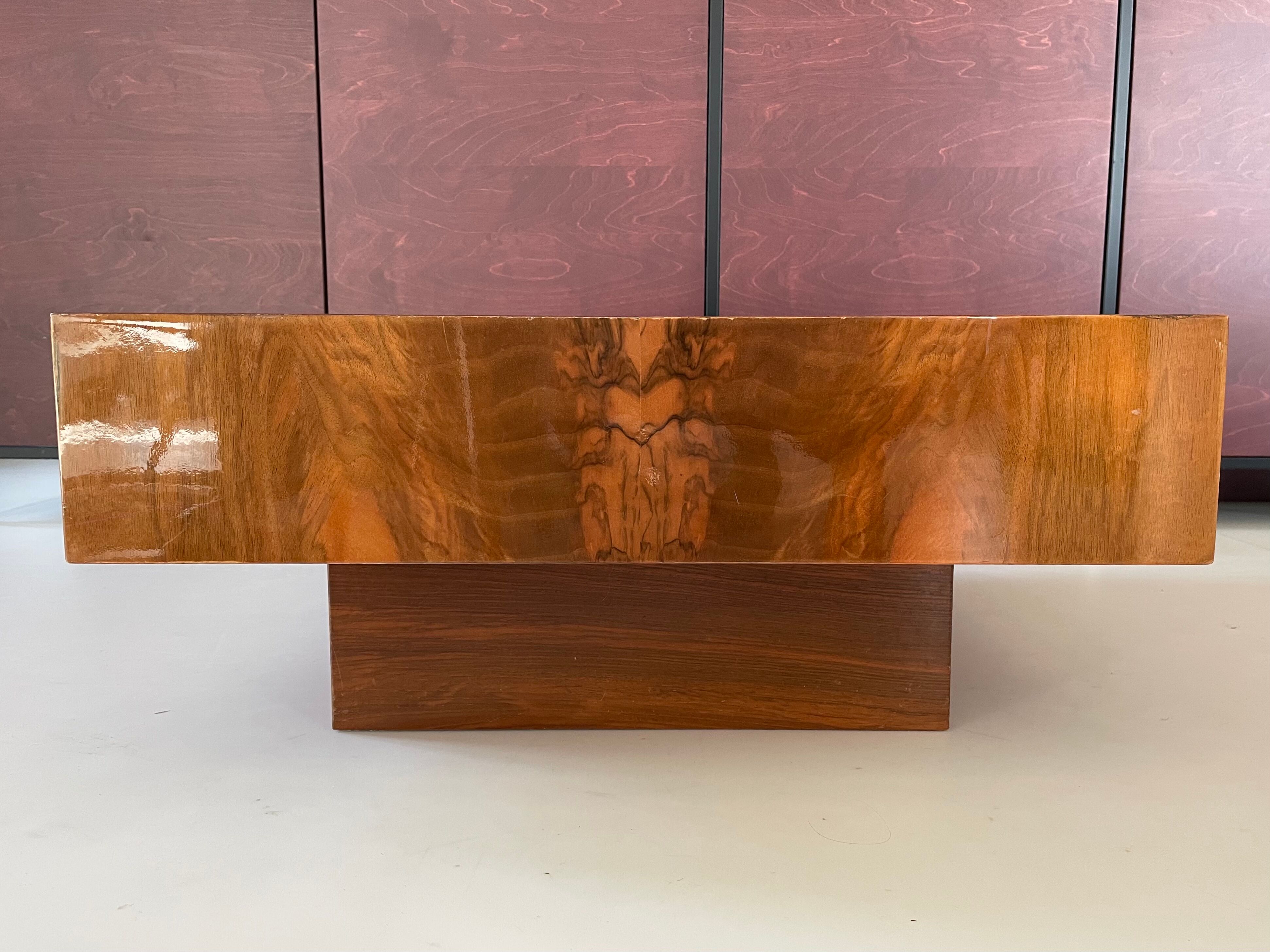 Square coffee table in elm magnifying glass 70s