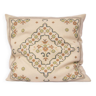 Coussin vintage beige brodé motif vert