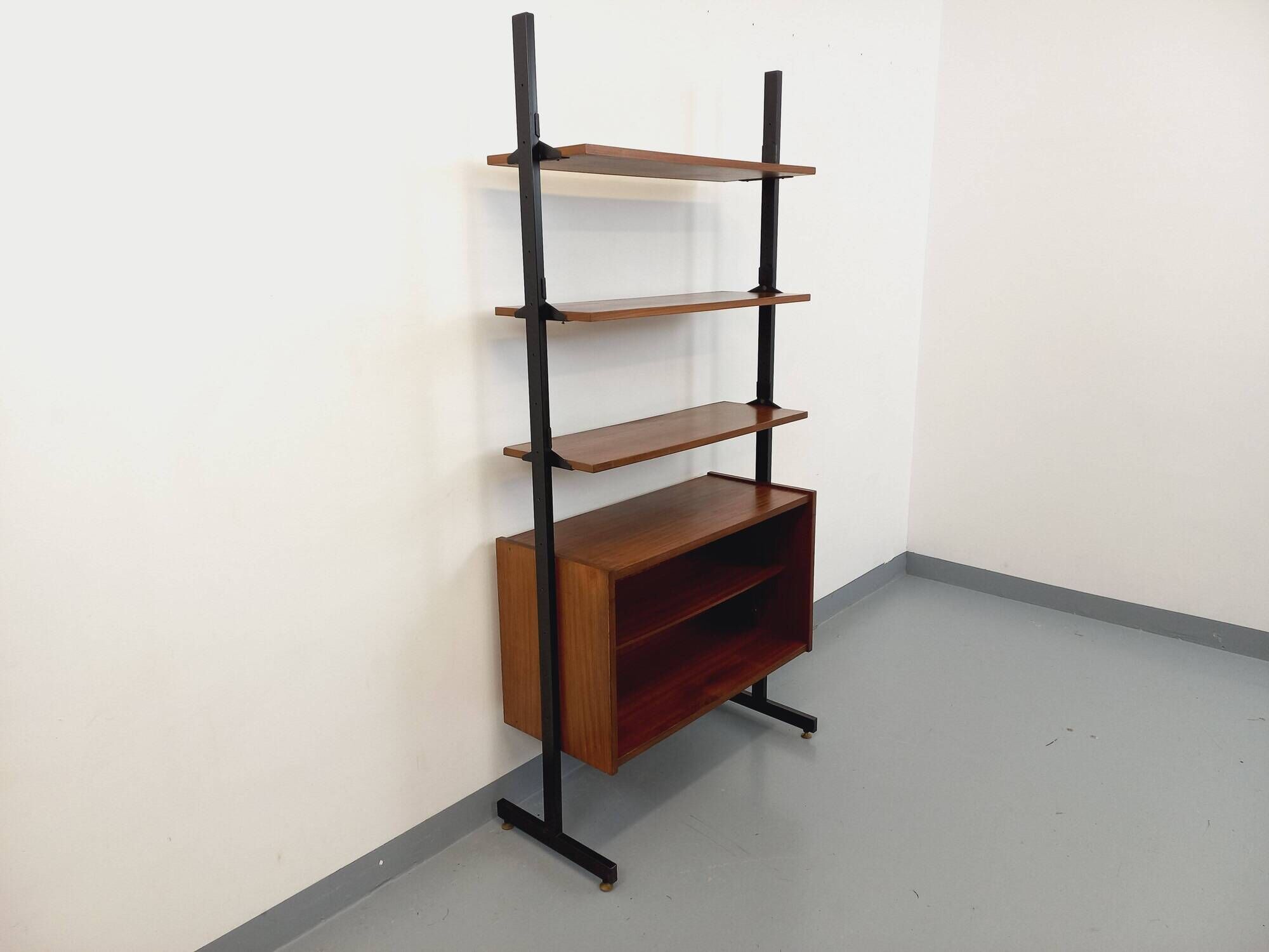 Vintage teak and metal shelf bookcase from the 60s