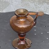 Candle holder, oil lamp, amber blown glass, ocher, BIOT, glassware made in France, vintage 1970