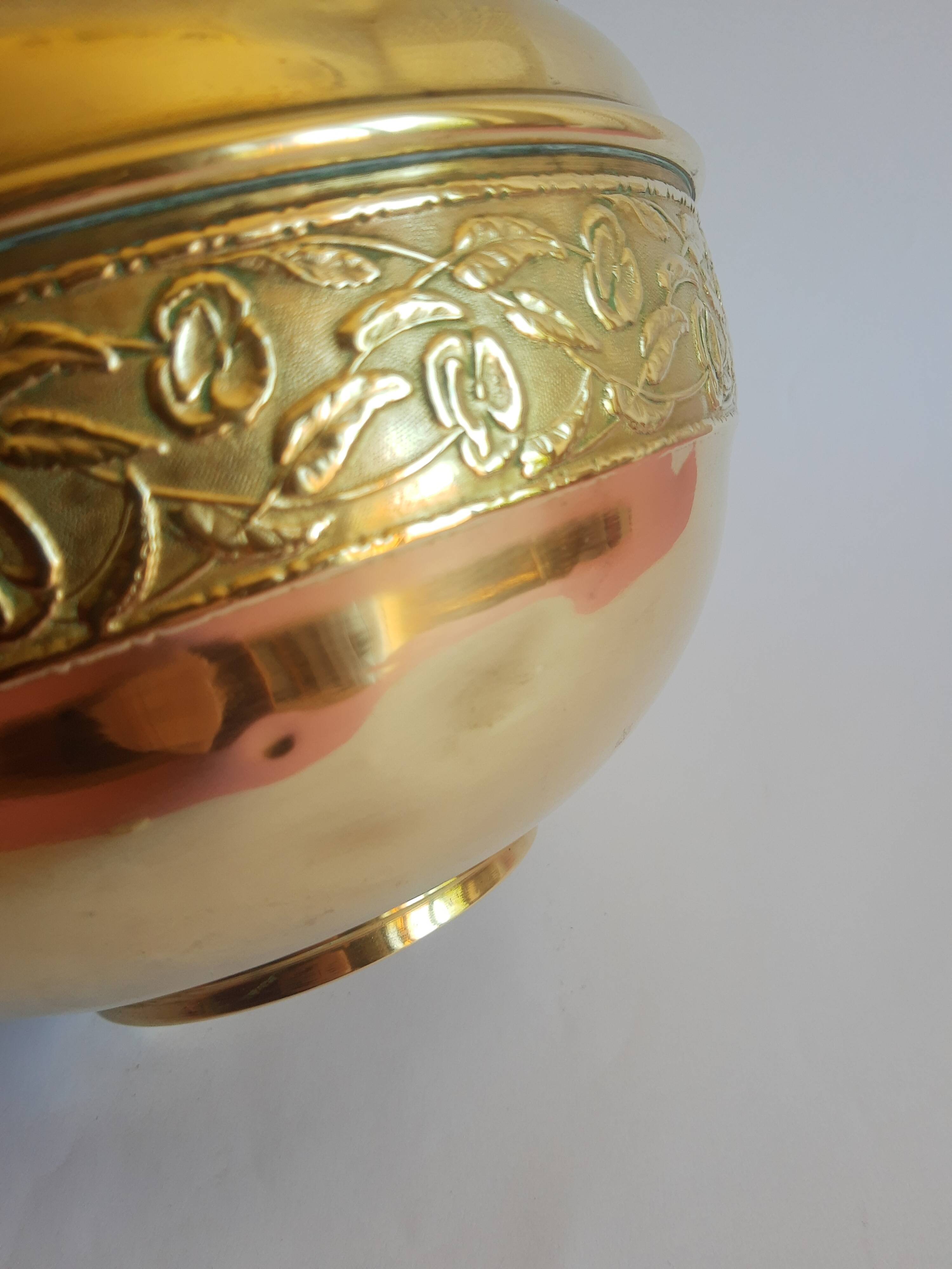 Old brass cache pot with vintage floral frieze