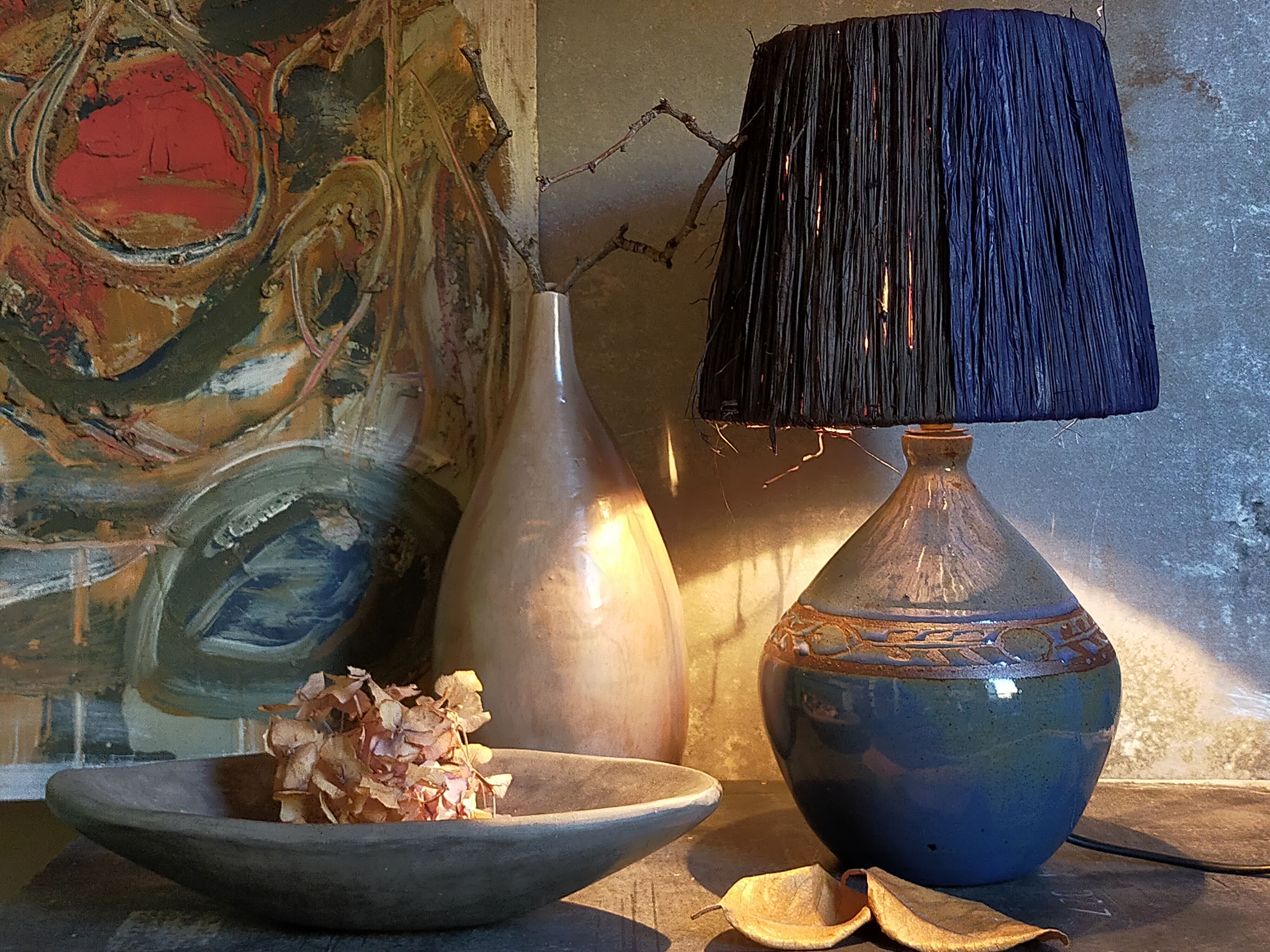 Vintage potter's ceramic table lamp, raffia lampshade