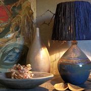 Vintage potter's ceramic table lamp, raffia lampshade