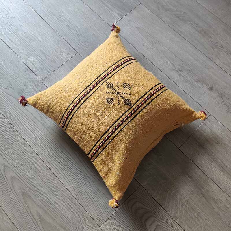 Yellow Berber cushion with cotton pompom