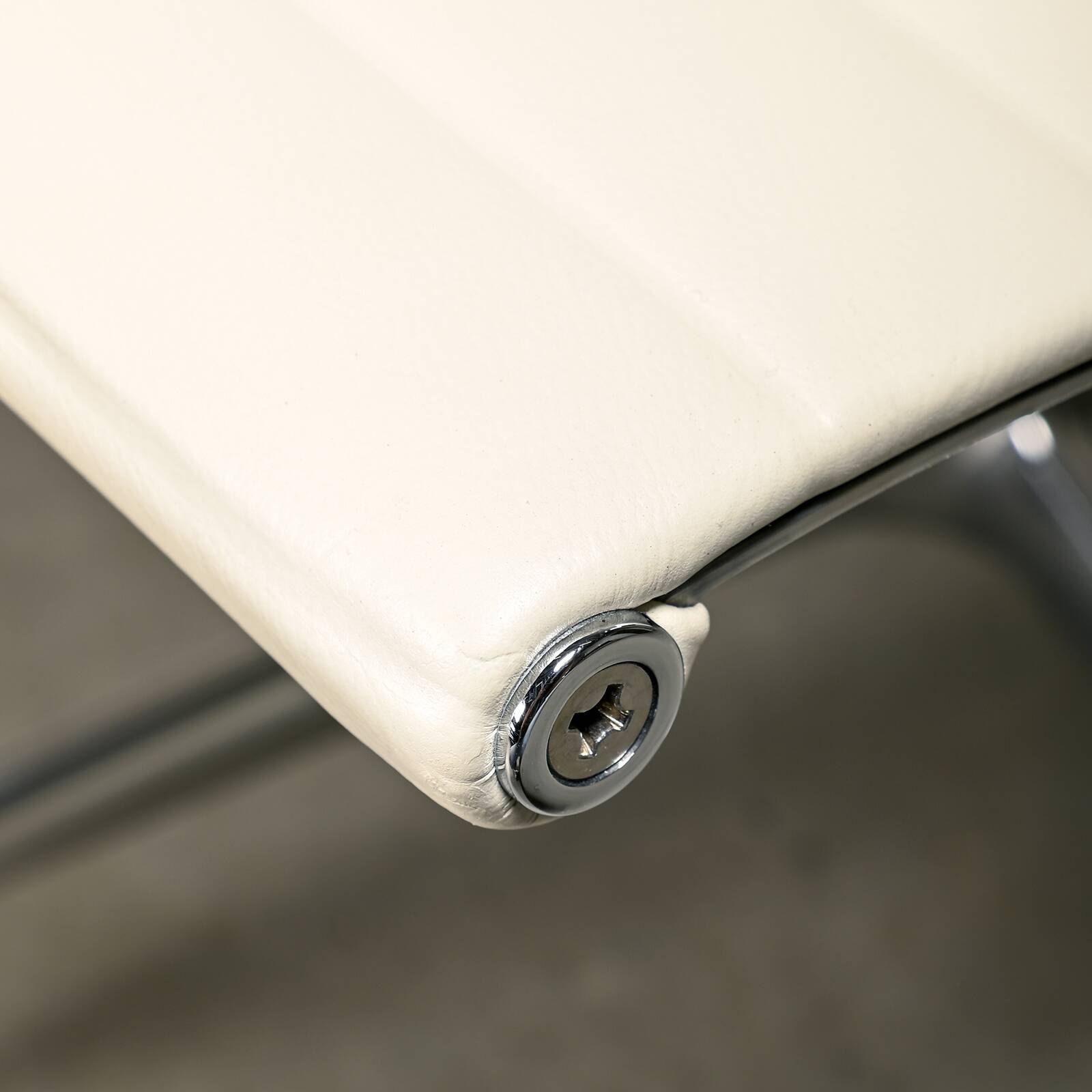 Charles & Ray Eames EA108 Dining Chair in Polished Aluminum and White leath